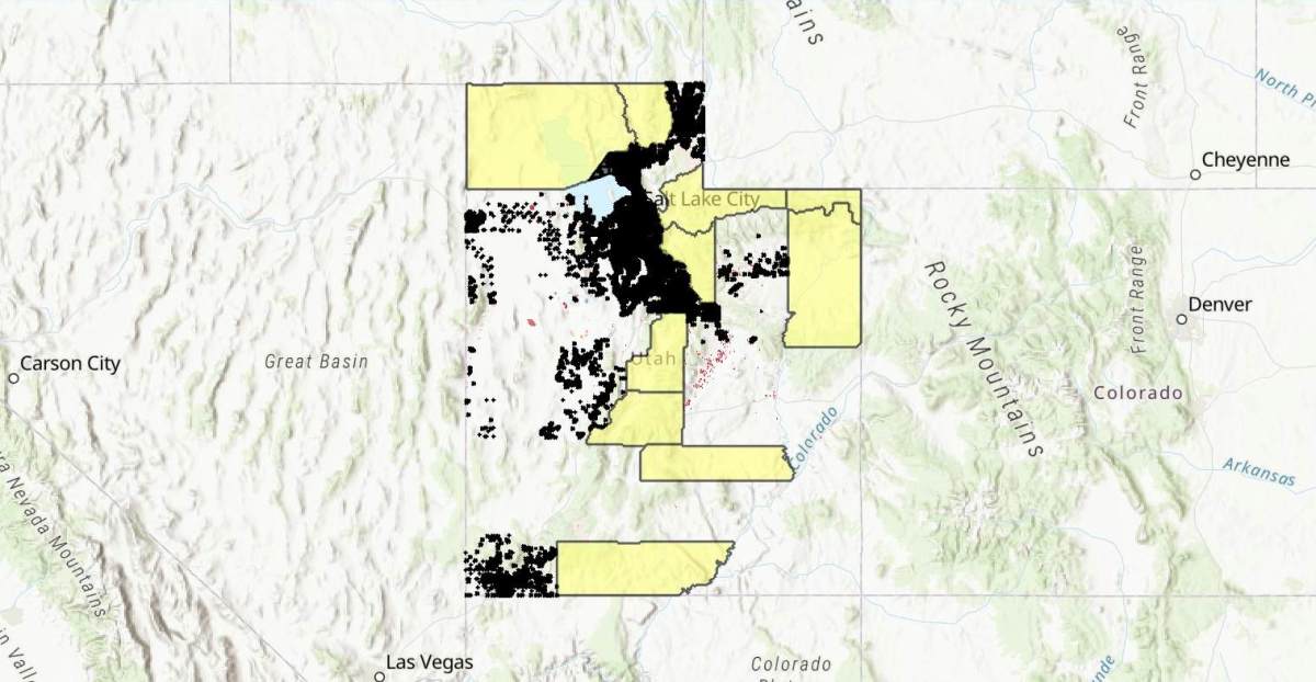 A screenshot of the property valuation tool showing the state of utah with some counties that have not submitted data highlighted in yellow, with residential areas that have submitted data in black.