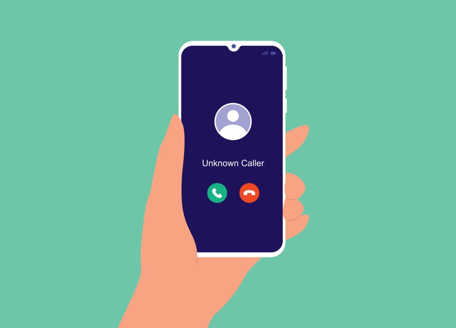 illustration of hand holding phone that has unknown caller